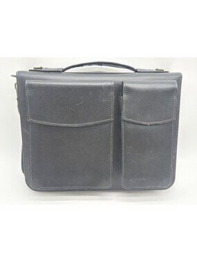 Black Leather Zippered Organizer Portfolio With Handle & Dual Front Pockets 3-Ri